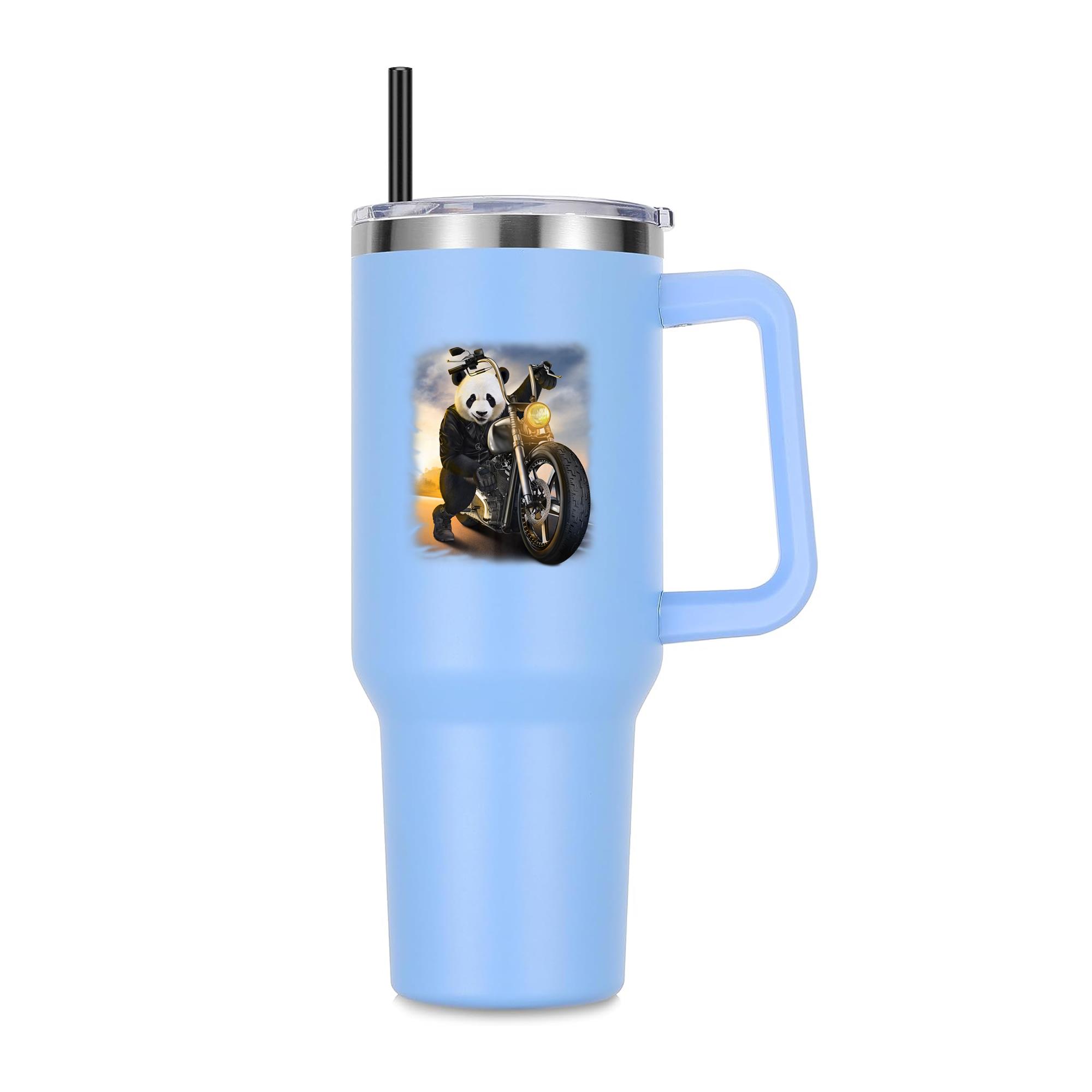 Biker Giant Panda Riding Chopper Motorcycle 40oz Stainless Steel Tumbler