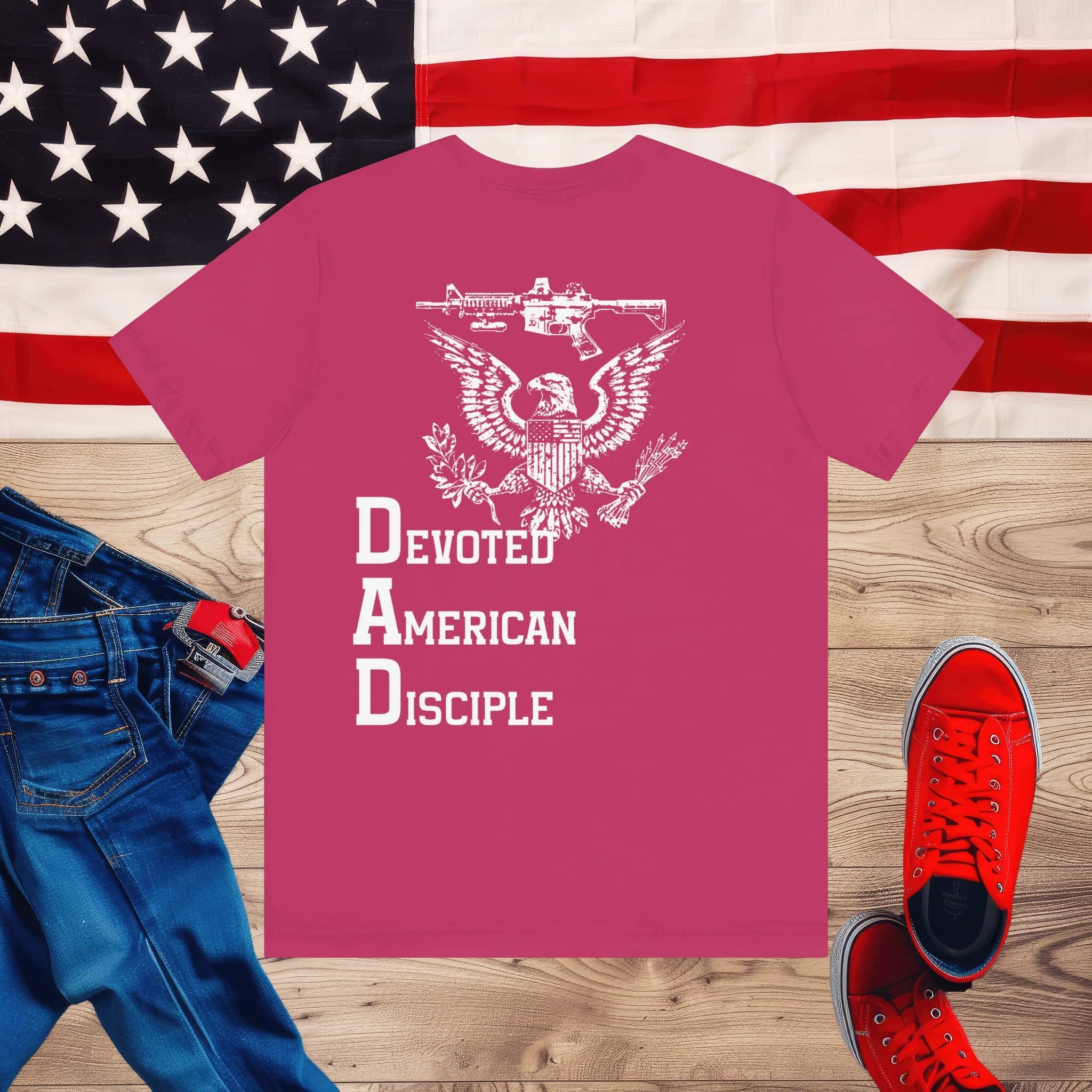 Devoted American Disciple T-Shirt (Back Design), Patriotic Eagle & Rifle Graphic Tee, Bold USA Supporter Shirt, American Pride Military Apparel
