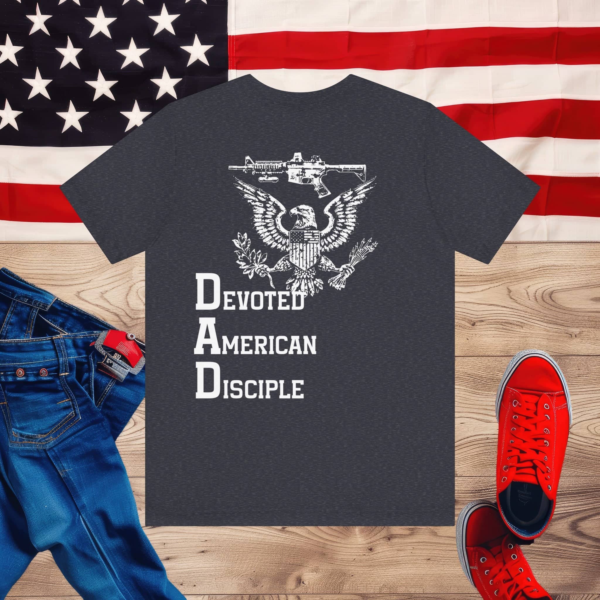 Devoted American Disciple T-Shirt (Back Design), Patriotic Eagle & Rifle Graphic Tee, Bold USA Supporter Shirt, American Pride Military Apparel