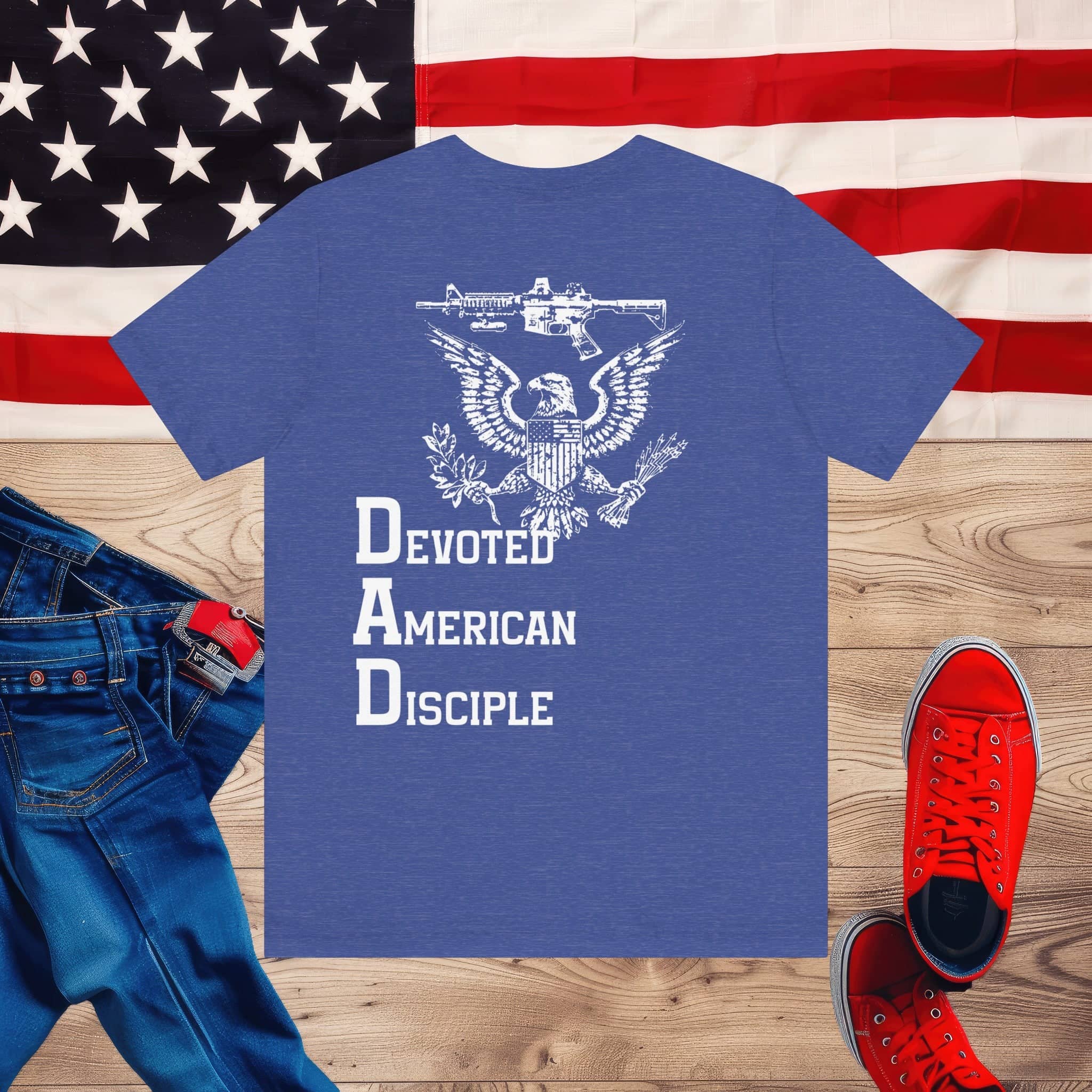 Devoted American Disciple T-Shirt (Back Design), Patriotic Eagle & Rifle Graphic Tee, Bold USA Supporter Shirt, American Pride Military Apparel