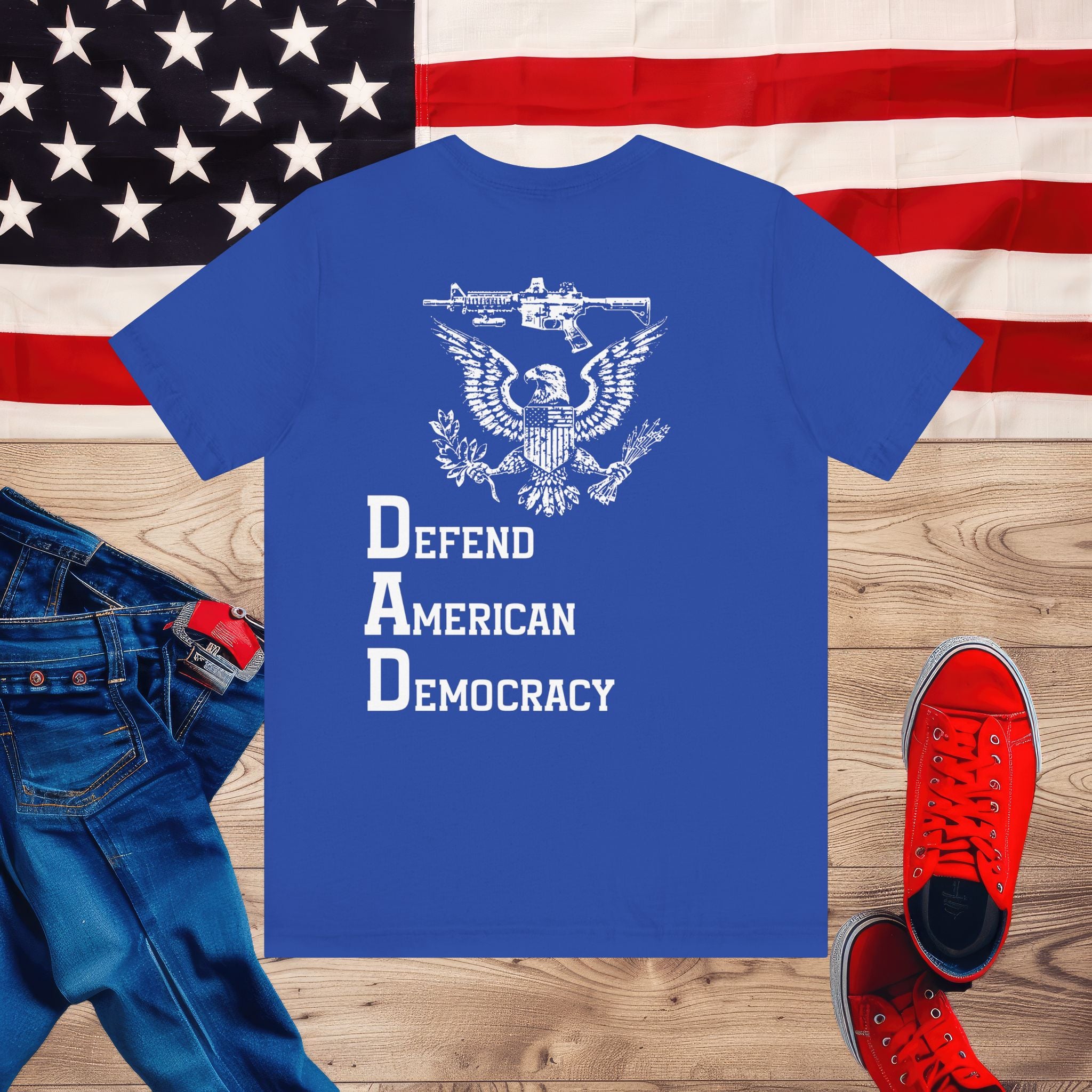 Defend American Democracy T-Shirt, Patriotic Eagle and Rifle Tee, Bold Statement Military Style Shirt, Pro-Democracy USA Apparel