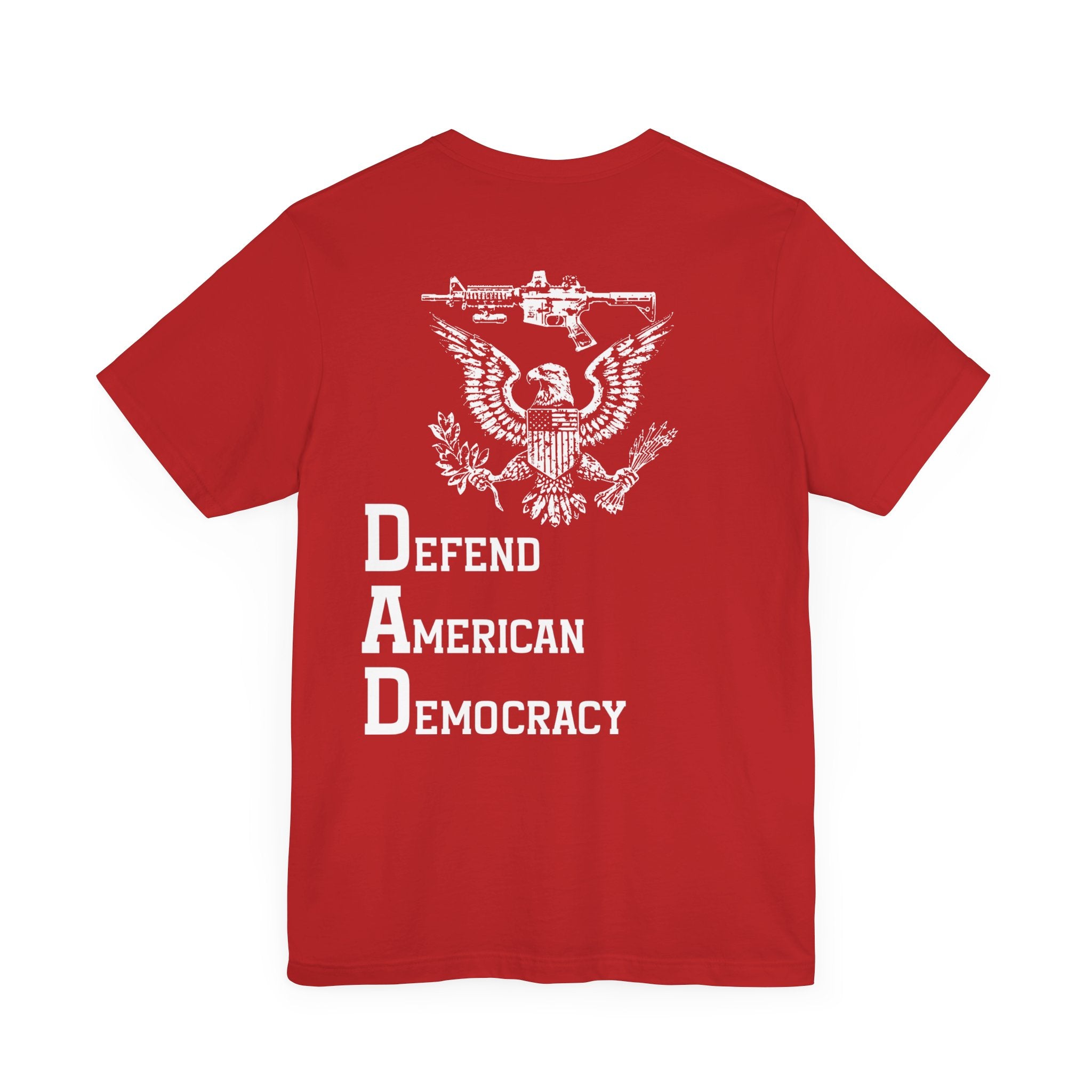 Defend American Democracy T-Shirt, Patriotic Eagle and Rifle Tee, Bold Statement Military Style Shirt, Pro-Democracy USA Apparel
