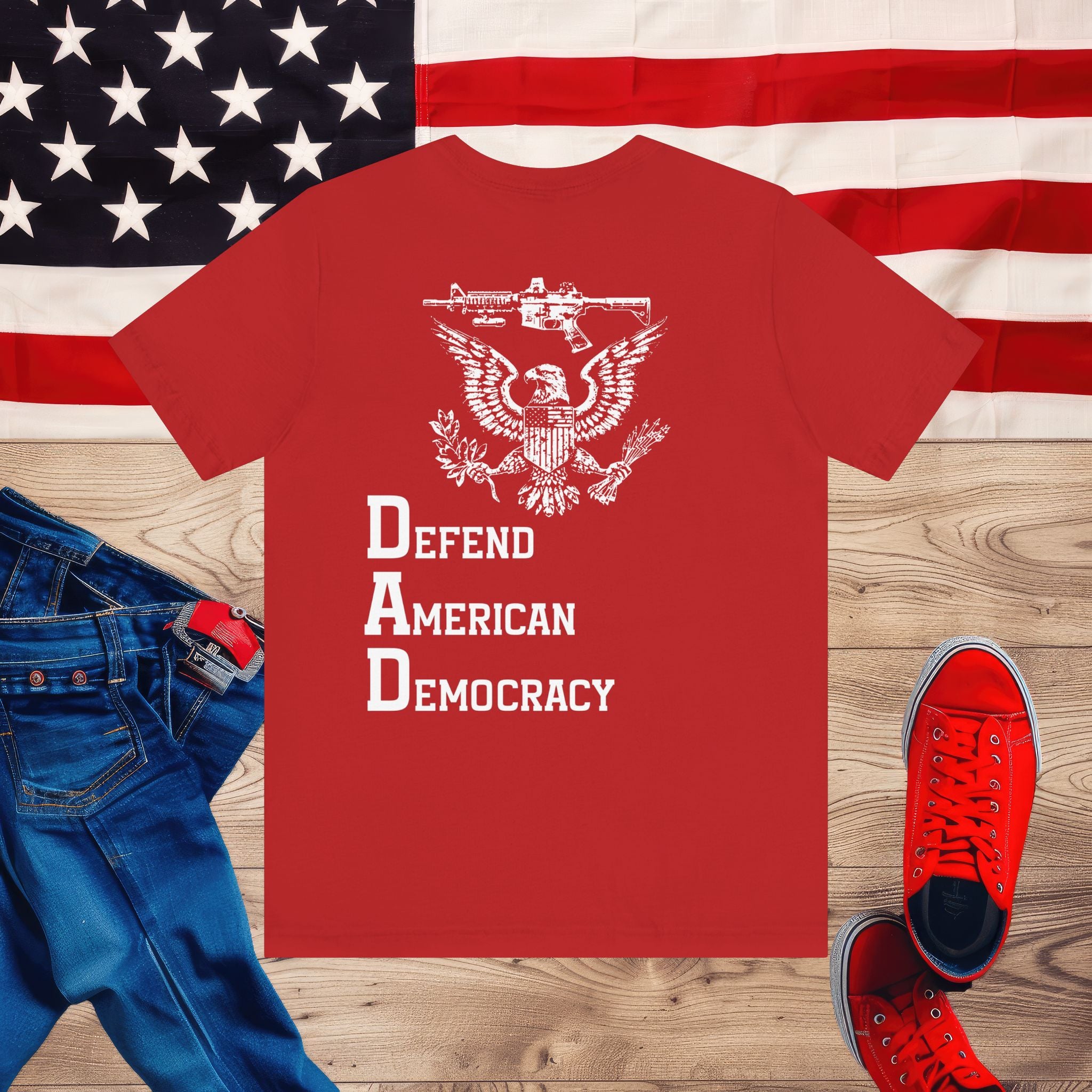 Defend American Democracy T-Shirt, Patriotic Eagle and Rifle Tee, Bold Statement Military Style Shirt, Pro-Democracy USA Apparel