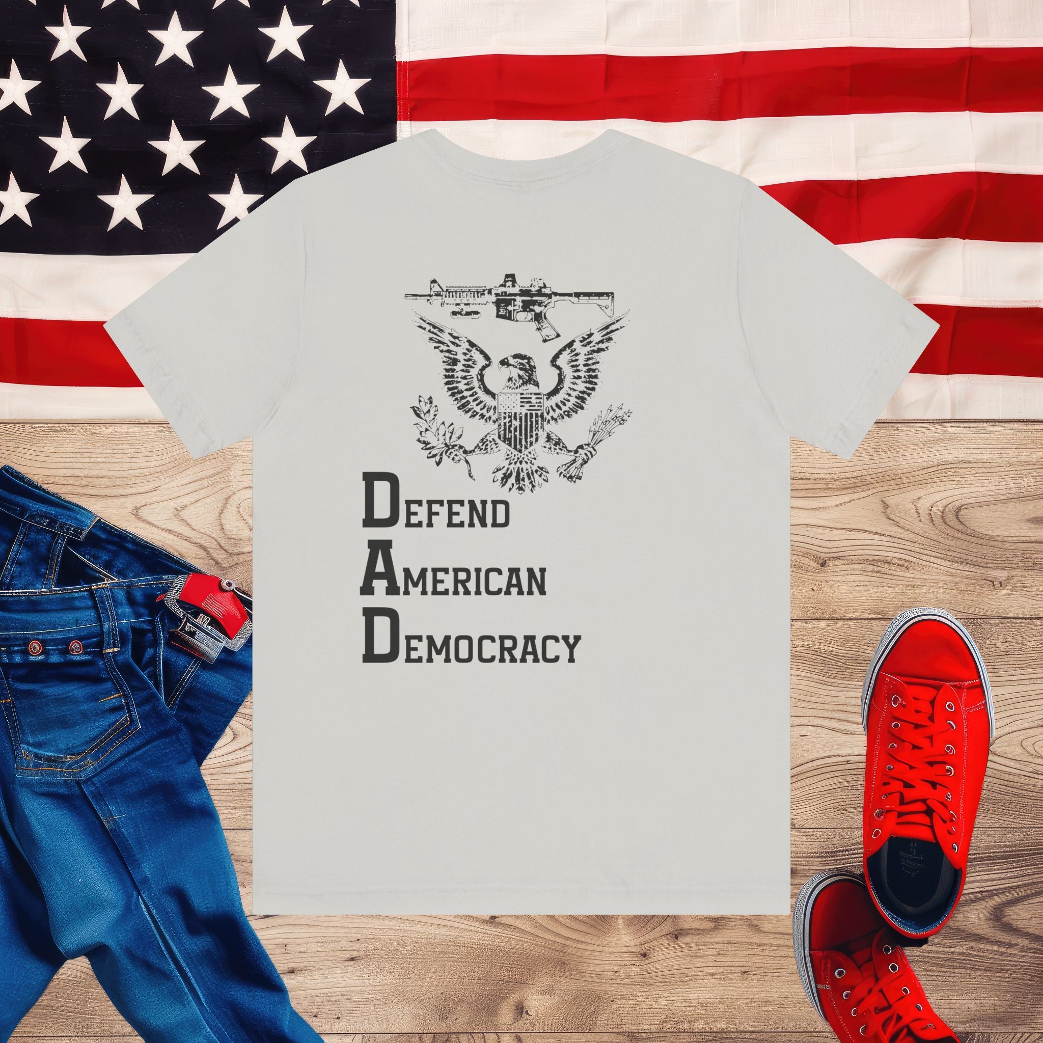 Defend American Democracy T-Shirt, Patriotic Eagle and Rifle Tee, Bold Statement Military Style Shirt, Pro-Democracy USA Apparel