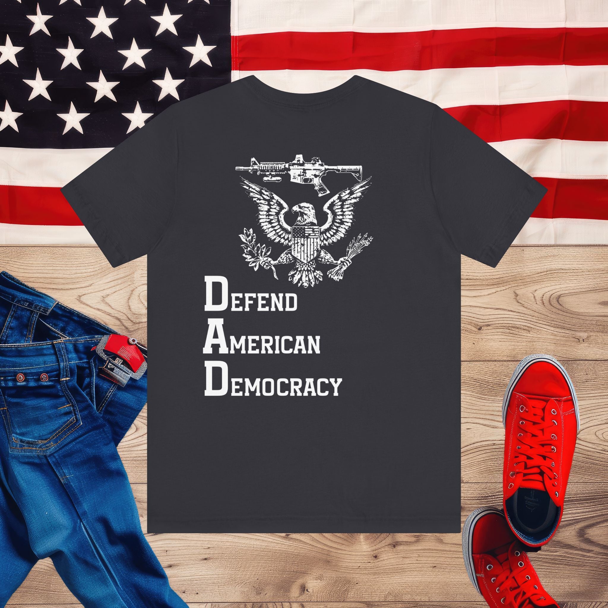 Defend American Democracy T-Shirt, Patriotic Eagle and Rifle Tee, Bold Statement Military Style Shirt, Pro-Democracy USA Apparel