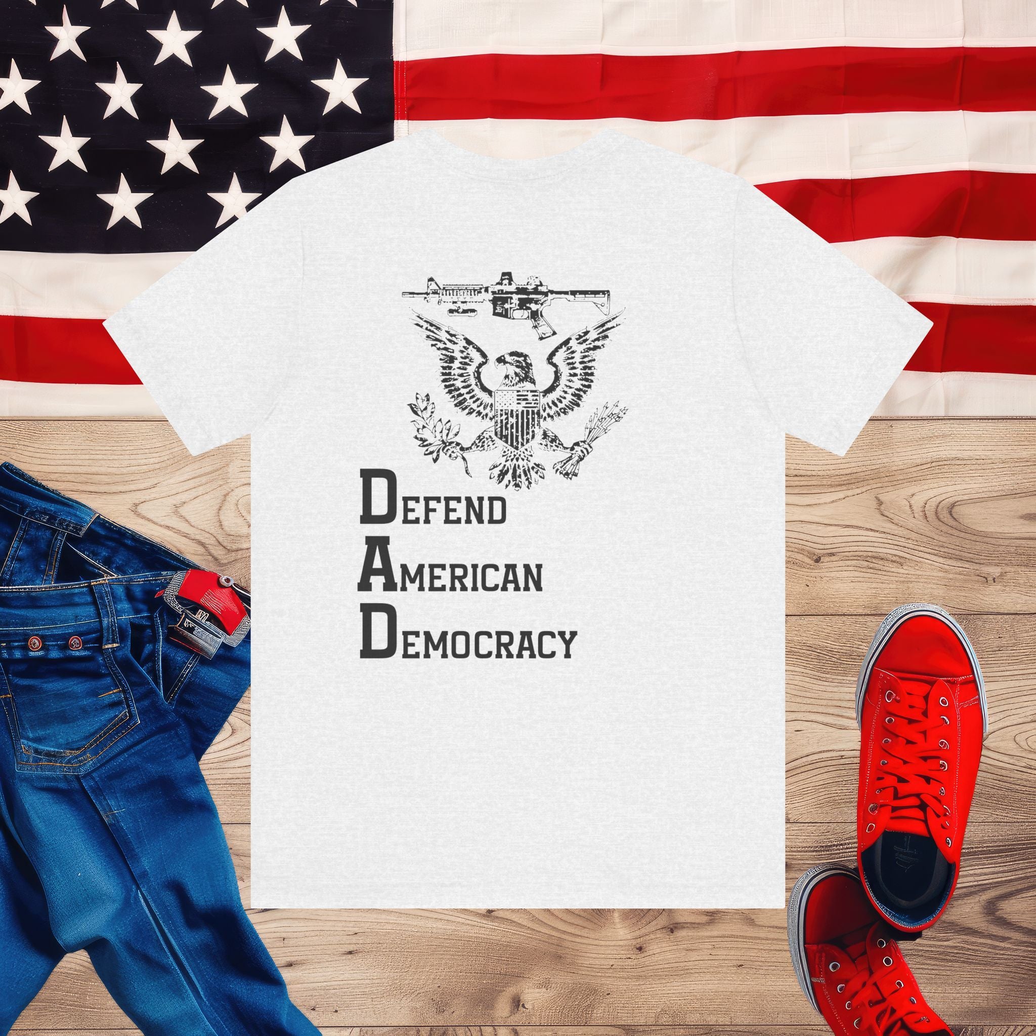 Defend American Democracy T-Shirt, Patriotic Eagle and Rifle Tee, Bold Statement Military Style Shirt, Pro-Democracy USA Apparel