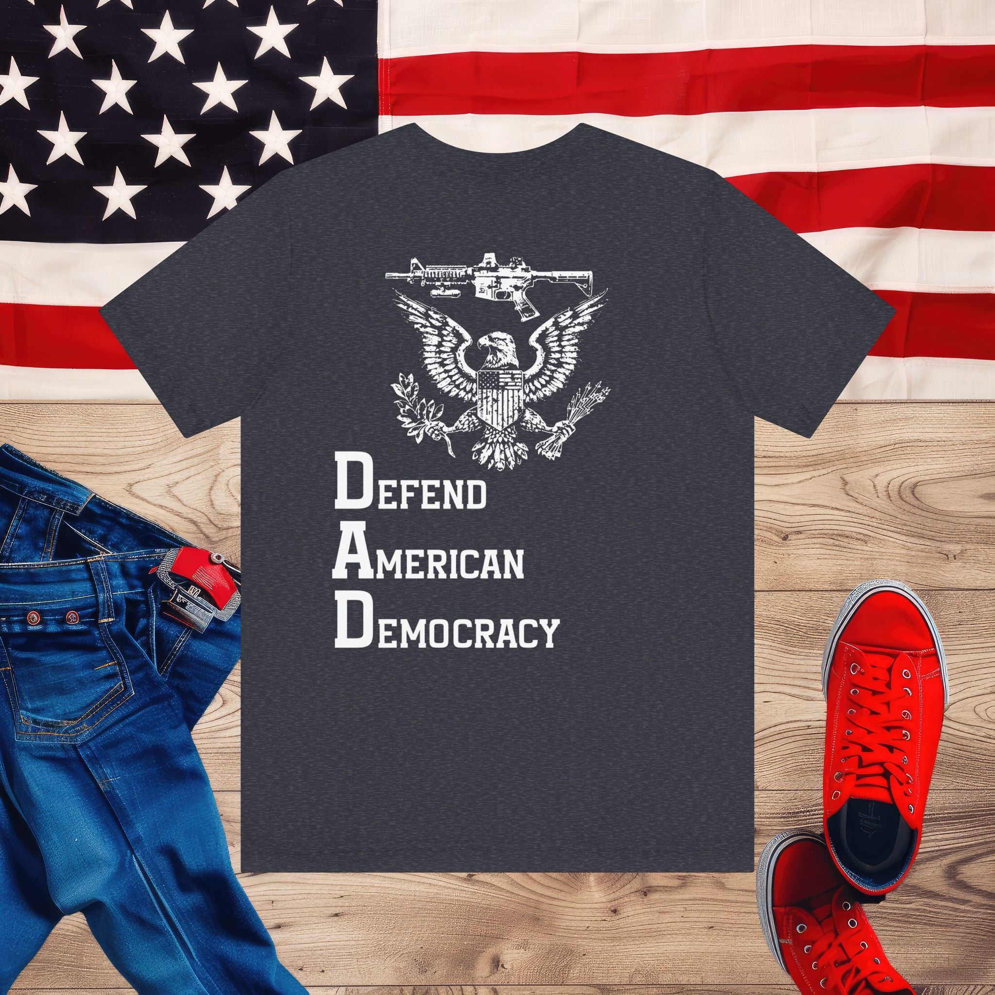 Defend American Democracy T-Shirt, Patriotic Eagle and Rifle Tee, Bold Statement Military Style Shirt, Pro-Democracy USA Apparel