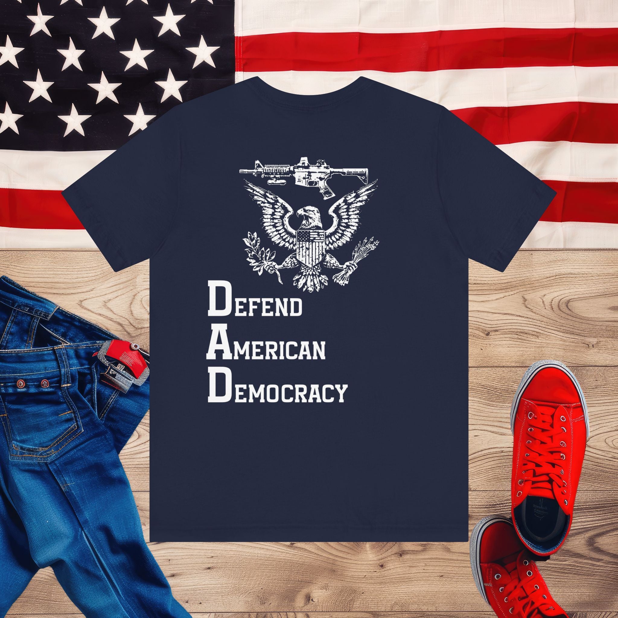 Defend American Democracy T-Shirt, Patriotic Eagle and Rifle Tee, Bold Statement Military Style Shirt, Pro-Democracy USA Apparel