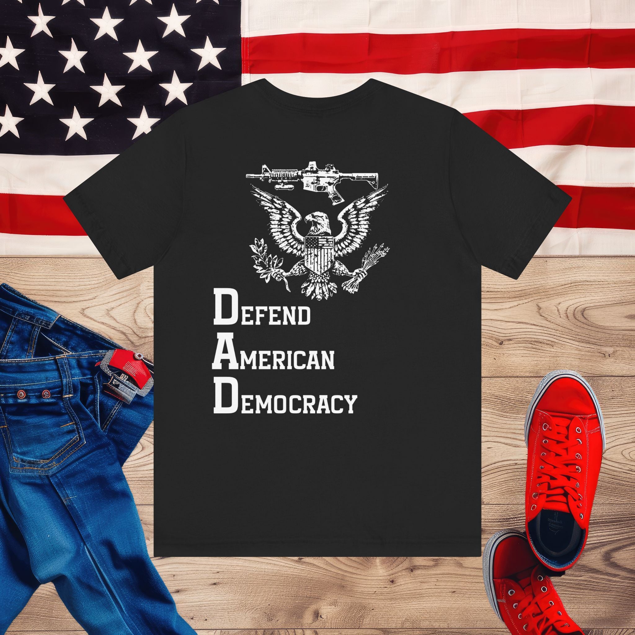Defend American Democracy T-Shirt, Patriotic Eagle and Rifle Tee, Bold Statement Military Style Shirt, Pro-Democracy USA Apparel